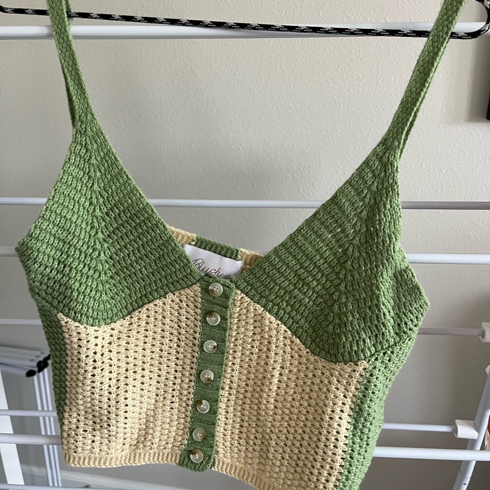 Cropped knit tank in trendy green and ecru. Wear alone or as a topper